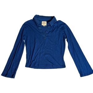NEW Chaser Cropped Blue Henley Polo T-Shirt Size Small Long Sleeve Casual NWT